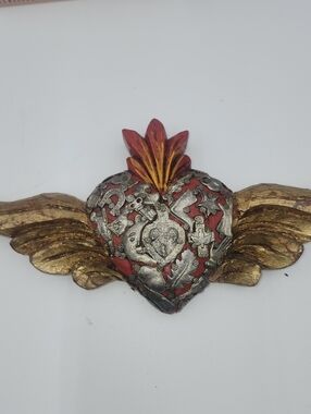 9" Mexican Folk Art carved wood Milagro Heart wall art gold red Pediment